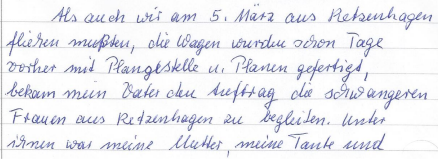 Bericht von Irmgard Schult 2013 über die Flucht aus Retzenhagen nach Mecklenburg.