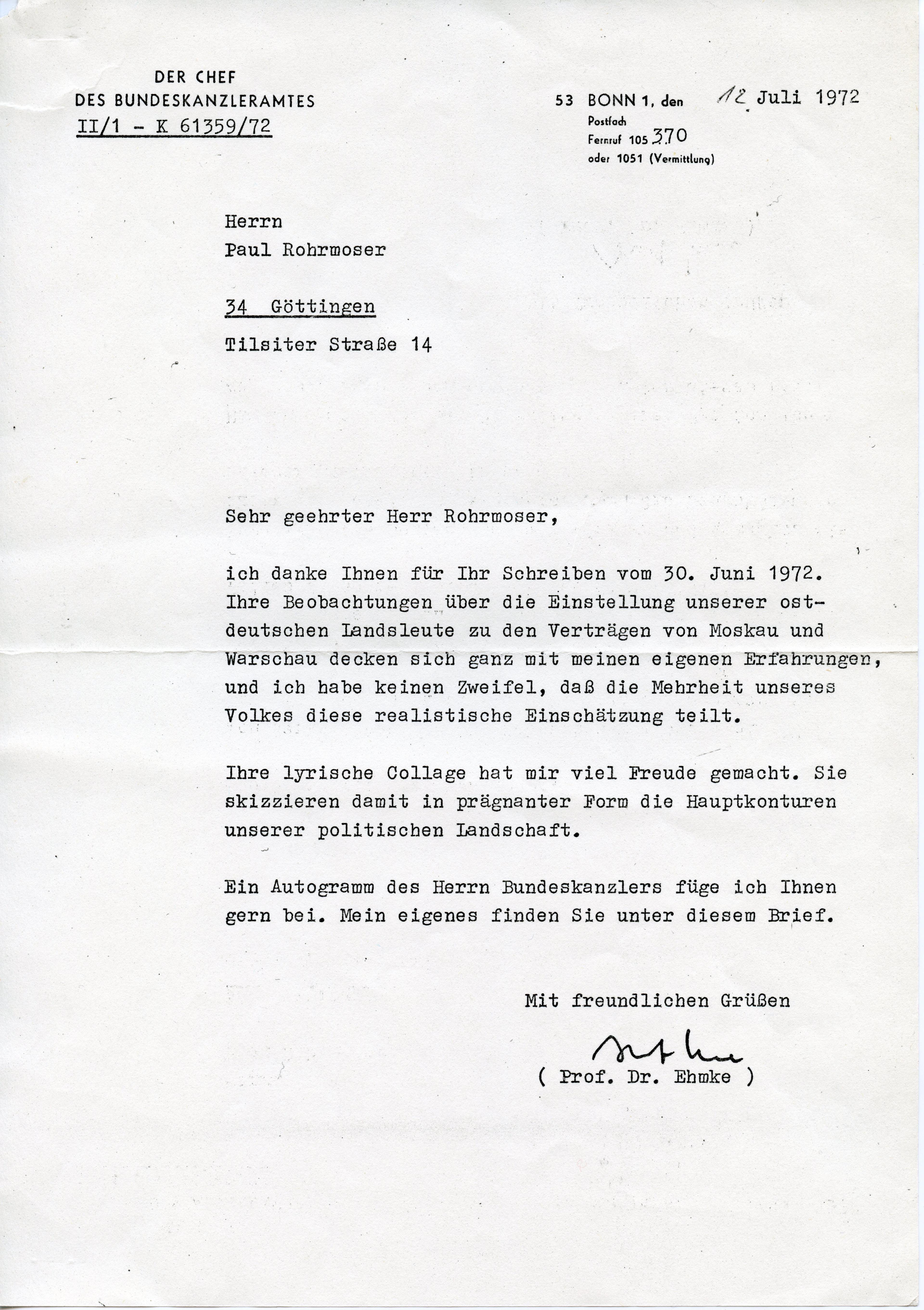 Brief Chef des Bundeskanzleramts Neue Ostpolitik 1972