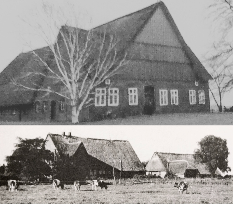 Farmyard belonging to farmer Claus Michael Hell and his wife; the living area can be seen above, with the main house and barn below. Two views of a courtyard in black and white