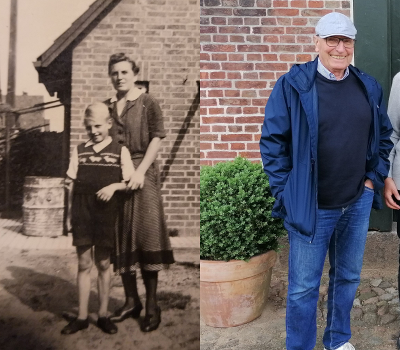 Reinhard Wegener with his mother Gertrude in 1948 (left) and in 2022 at the farm of the Hell's (right).