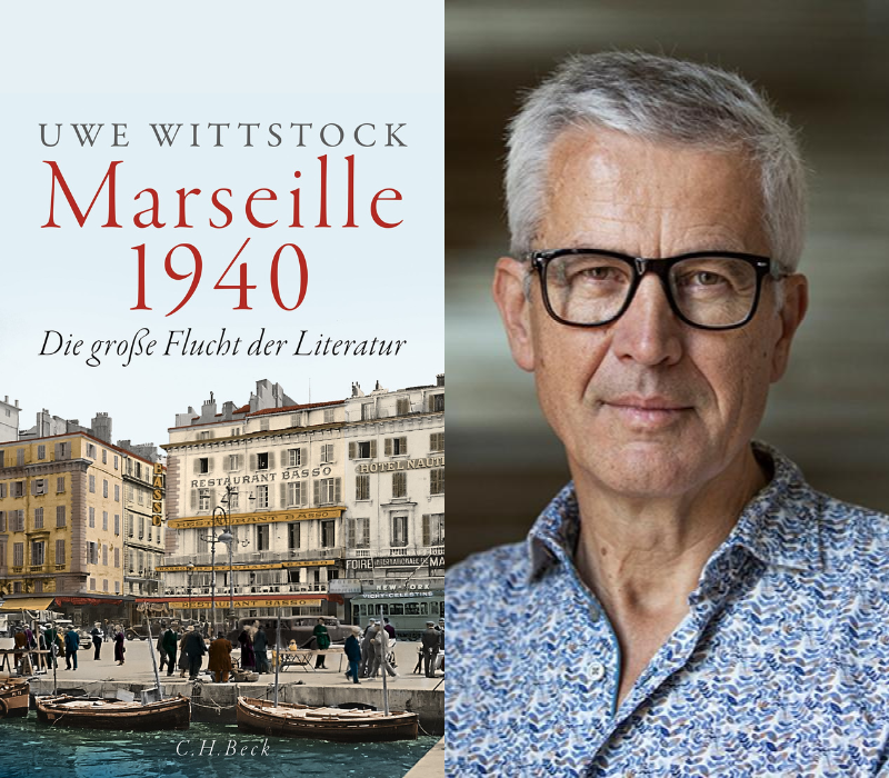 Cover eines Buches links, Portrait des Autors rechts