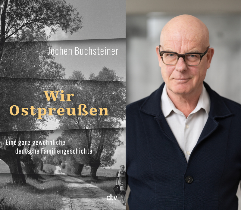 Cover eines Buches links, Portrait des Autors rechts