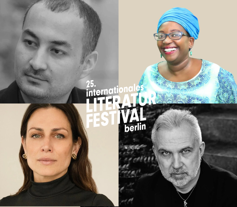 Porträts von zwei Autoren und zwei Autorinnen, in der Mitte ist das Logo vom Internationalen Literaturfestival Berlin.