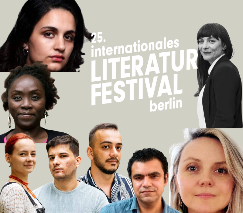 Porträts von Autoren, in der Mitte ist das Logo vom Internationalen Literaturfestival Berlin.