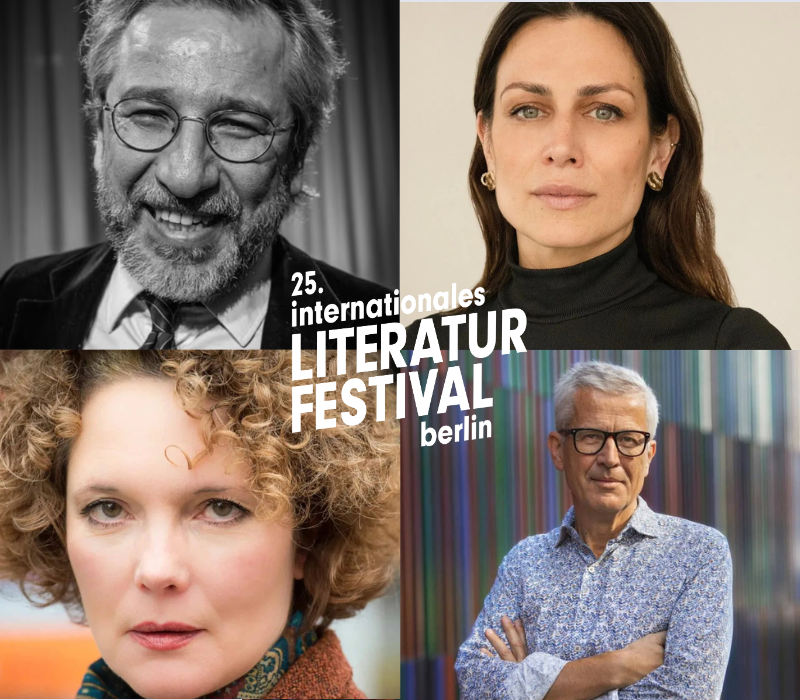 Porträts von zwei Autorinnen und zwei Autoren, in der Mitte ist das Logo vom Internationalen Literaturfestival Berlin.