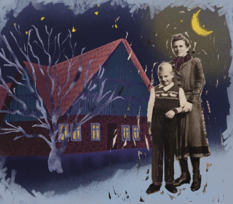 Gezeichnetes Bild von einem Jungen und seiner Mutter vor einer Scheune.