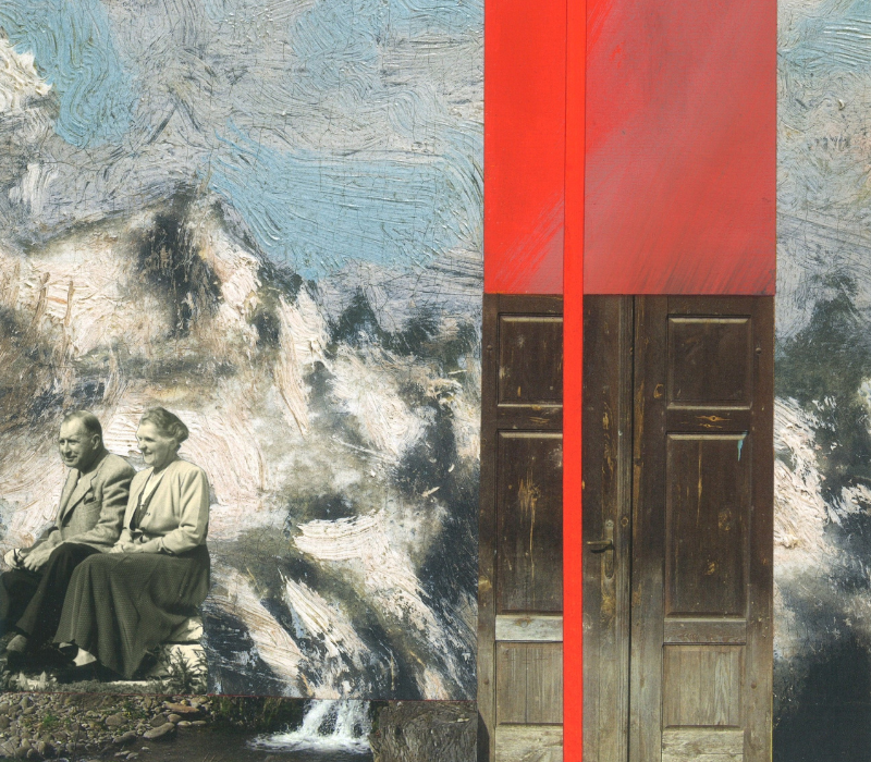 Zuhause, woanders. Collagen und Texte von Ines Doleschal Collage mit einer Tür und einem Foto von Vater und Mutter