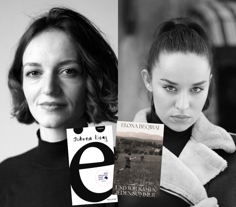 „ë“ mit Jehona Kicaj und „Und wir kamen jeden Sommer“ mit Elona Beqiraj zwei schwarz weiß Portraits von Autorinnen.