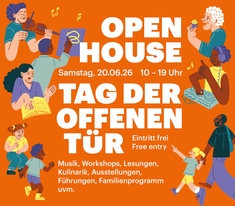 Grafikdesign für den Tag der offenen Tür mit mehreren grafisch gestalteten Personen, die Eis essen , spielen oder lesen.