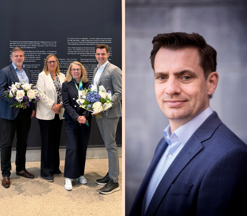 links Personengruppe, rechts Portrait Stiftungsdirektor