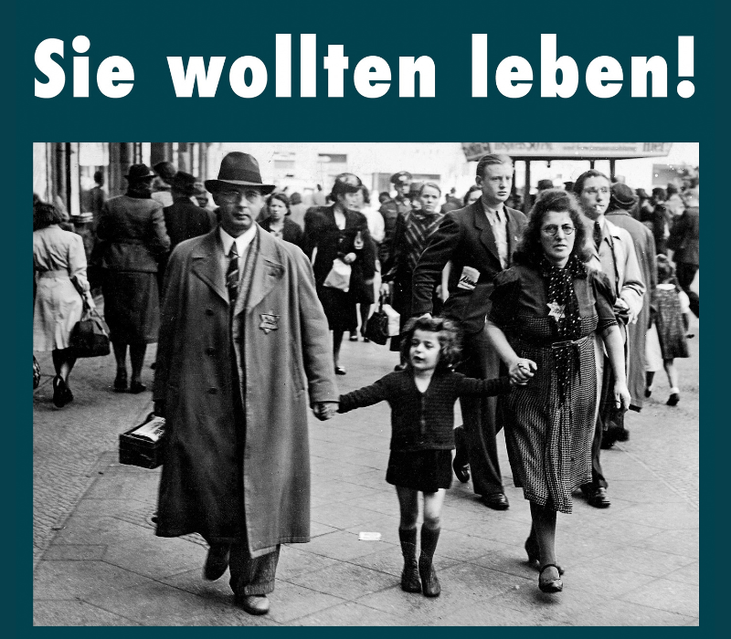 Sie wollten leben! Schwarz-weiß Foto einer jüdischen Familie in 1941, die eine Straße entlang laufen mit einem Stern auf der Brust.