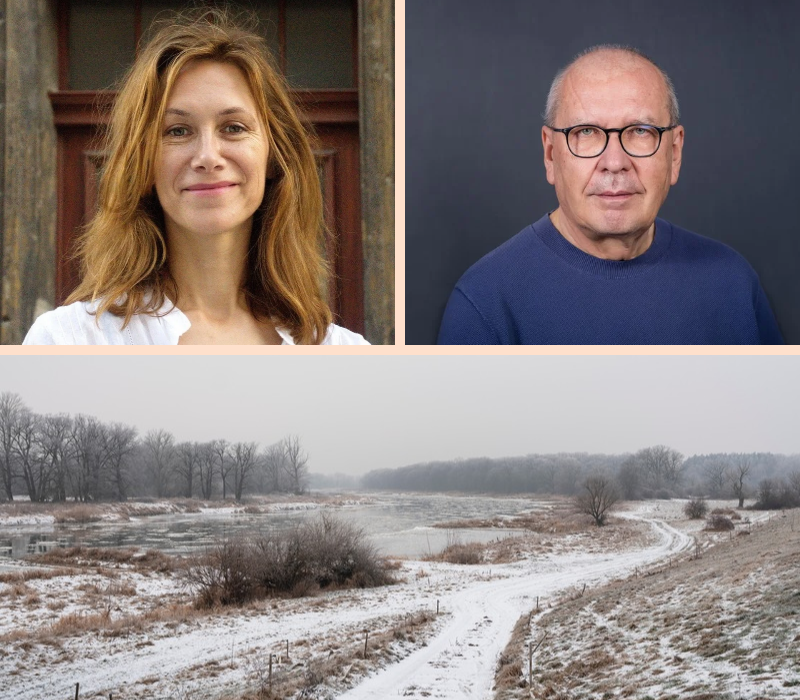 Portraits von zwei Personen und eine Winterlandschaft